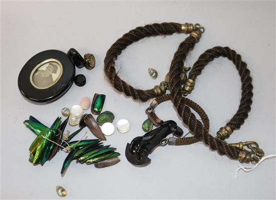 An antique plaited hair necklace and bracelet and other items including scarabs and pendant.
